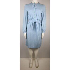 VINTAGE 60s WOMEN'S LIGHT BLUE LONG SLEEVE BELTED DRESS - LIZ PETITES - SIZE PS